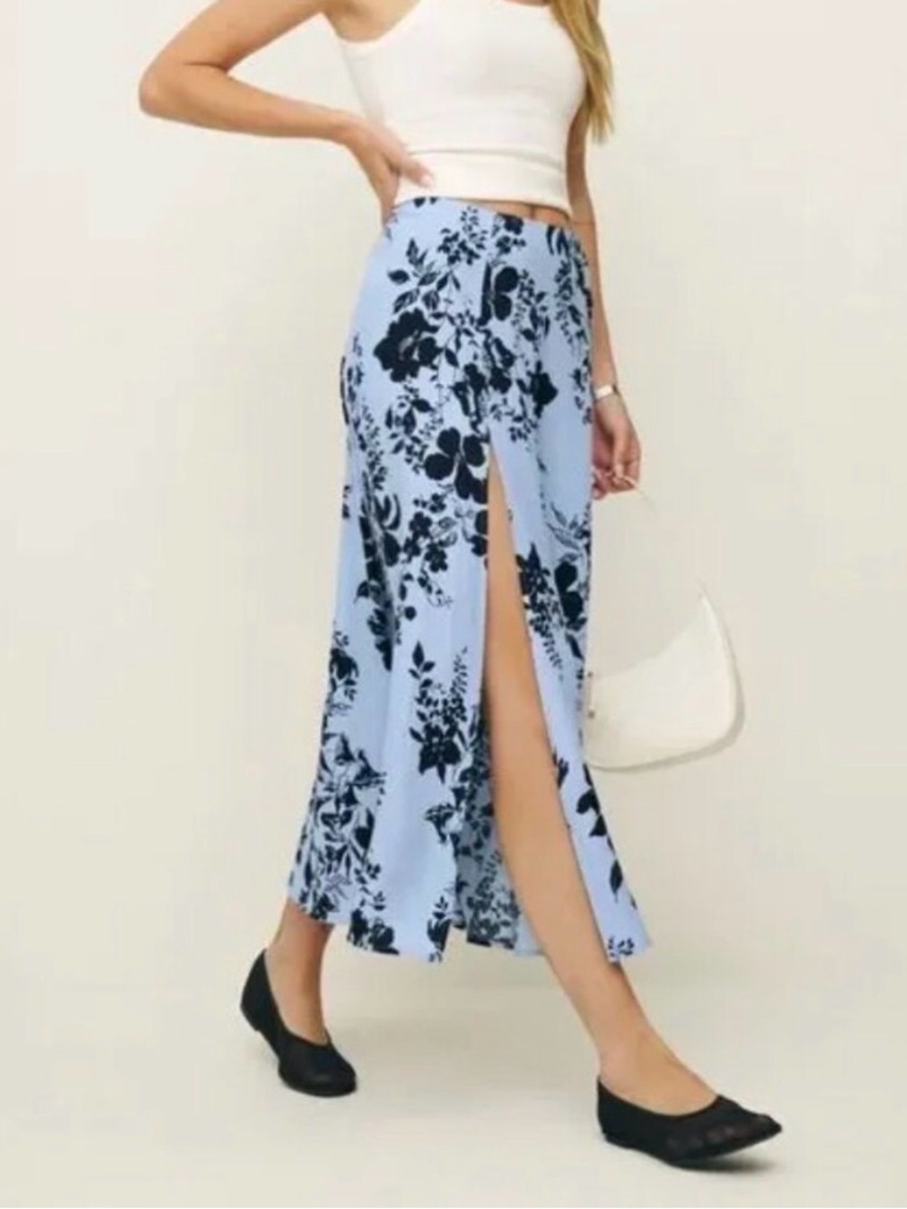 Reformation Light Blue Floral Maxi Skirt with Front Slit